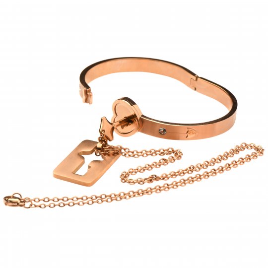Cuffed Locking Bracelet and Key Necklace - Rose Gold